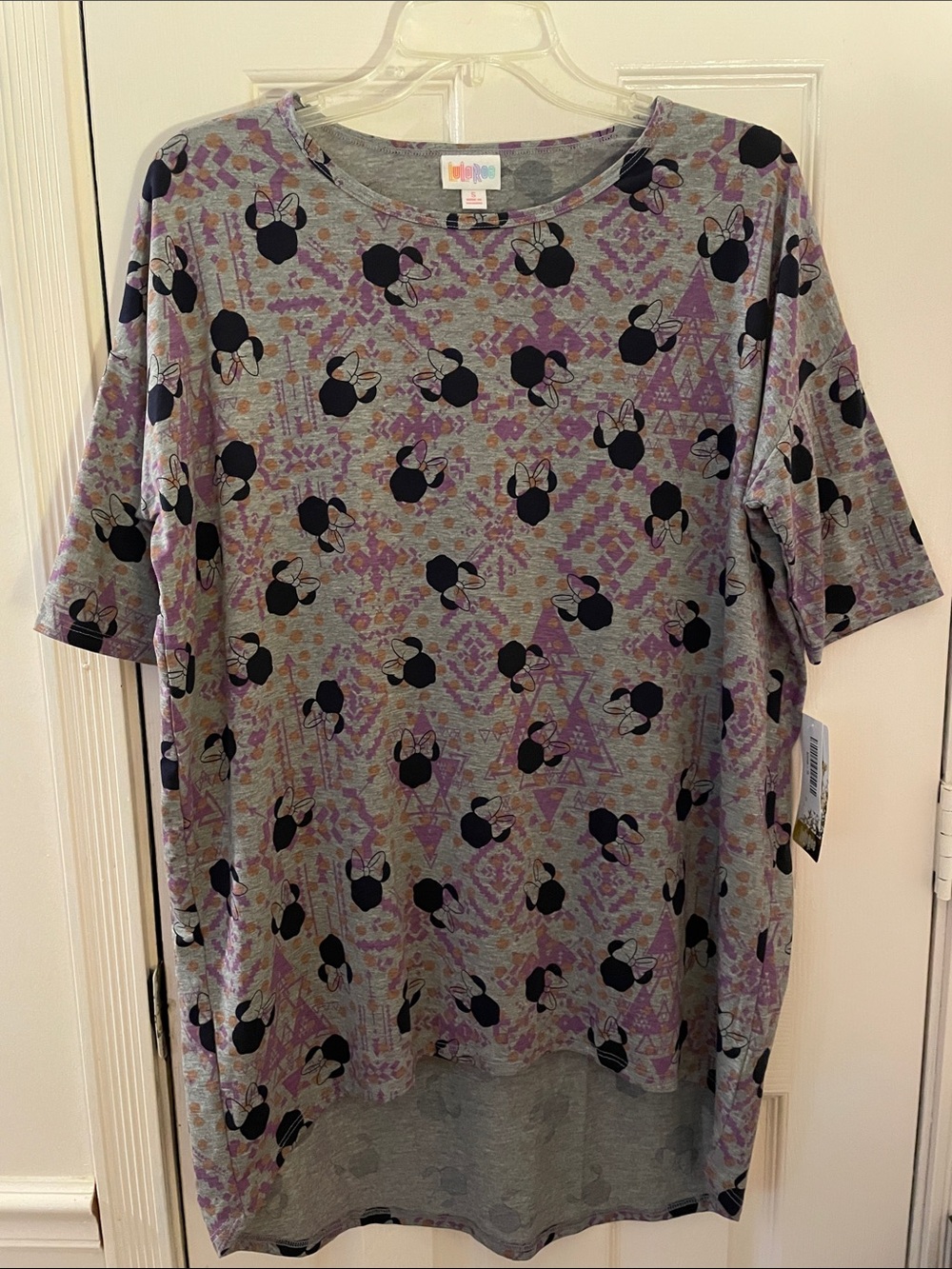 LuLaRoe Gray Top with Purple Geometric & Black Minnie Heads Irma NWT Small
